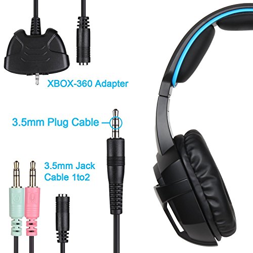 Cascos para Xbox One PS4, Sades SA807 Auriculares Gaming Bajo Envolvente Estéreo con Micrófono 3.5mm Puerto Compatible PC/ MAC/ iPad/ iPod/ iPhone/ Laptop/Smartphone(Negro/Azul)