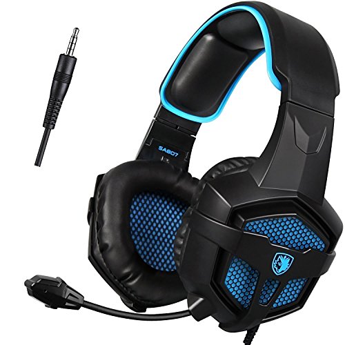 Cascos para Xbox One PS4, Sades SA807 Auriculares Gaming Bajo Envolvente Estéreo con Micrófono 3.5mm Puerto Compatible PC/ MAC/ iPad/ iPod/ iPhone/ Laptop/Smartphone(Negro/Azul)