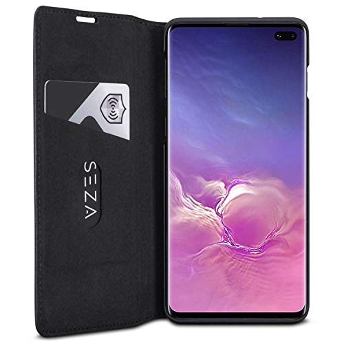 CASEZA Samsung Galaxy S10 Plus Funda Negro Tipo Libro Piel PU Case Cover Carcasa Plegable Cartera Oslo Piel Vegana Premium para Galaxy S 10 + (6,4") Original - Ultrafina con Cierre Magnético