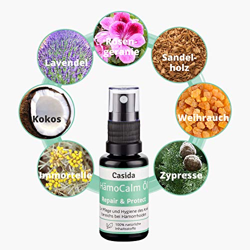 Casida - El Aceite HemoCalm en Spray - aceite reparador y protector en caso de hemorroides - con extractos de plantas preciosas - sin cortisona - la calidad de las farmacias - 10 ml