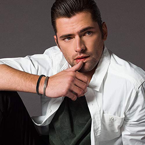 Casisto.J Pulsera cuero hombre - Pulsera trenzada hecha a mano clásica en negro y marrón con cierre magnético grabado Joyas gratis en caja (negro, 19)