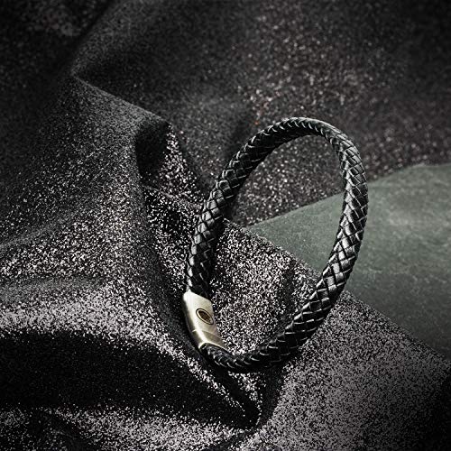 Casisto.J Pulsera cuero hombre - Pulsera trenzada hecha a mano clásica en negro y marrón con cierre magnético grabado Joyas gratis en caja (negro, 19)