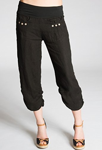 Caspar KHS017 Pantalones de Verano Capri Pirata de Lino para Mujer, Color:Negro, Talla:3XL - DE46 UK18 IT50 ES48 US16