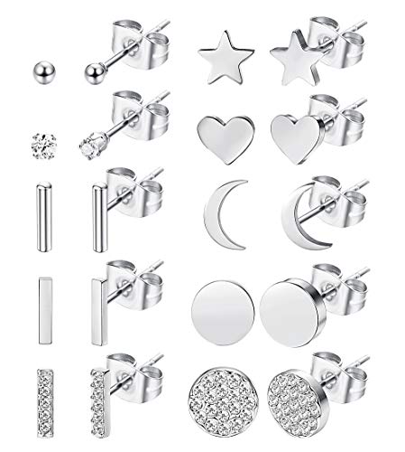 Cassieca 10 Pares Acero Inoxidable Pendientes Para Mujer Circoniña Stud Pendientes Piercing Corazón Luna Barra Pendientes Set Plata Oro Rosa