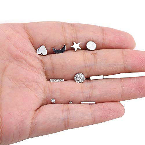 Cassieca 10 Pares Acero Inoxidable Pendientes Para Mujer Circoniña Stud Pendientes Piercing Corazón Luna Barra Pendientes Set Plata Oro Rosa