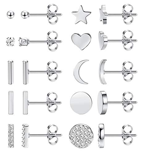 Cassieca 10 Pares Acero Inoxidable Pendientes Para Mujer Circoniña Stud Pendientes Piercing Corazón Luna Barra Pendientes Set Plata Oro Rosa