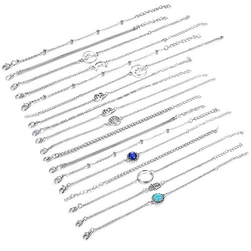 CASSIECA 18Piezas Conjunto de Pulseras Bohemias para Mujeres Niñas Arbol de Vida Luna Cadena Lotus Pulseras Fatima Tobillera Círculo Pulsera Luna Amistad Joyería