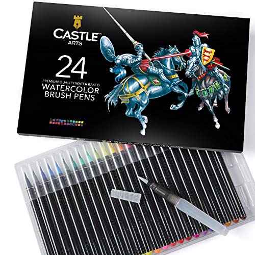Castle Art Supplies estuche de 24 rotuladores de acuarela con punta de pincel. Rotuladores vibrantes con punta de pincel de nylon flexible para libros de colorear, caligrafía, dibujo y escritura
