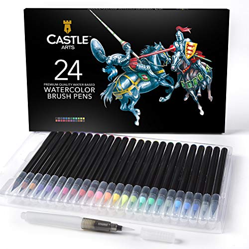 Castle Art Supplies estuche de 24 rotuladores de acuarela con punta de pincel. Rotuladores vibrantes con punta de pincel de nylon flexible para libros de colorear, caligrafía, dibujo y escritura