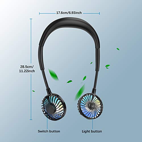 CENXINY Ventilador Portatil Mano Libre, Ventilador Cuello USB Ventilador Botón Frontal, LED Ventilador Personal Ajustable de 360 ​​° para el hogar, los Viajes, el Deporte al Aire Libre