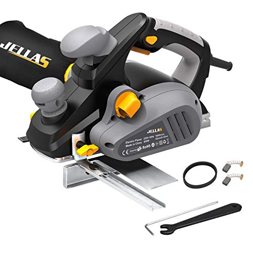 Cepilladora Eléctrica, Jellas 16000 RPM 850W Cepillo Eléctrico Madera con profundidad 3mm y Ancho 82mm, Escobillas de Cargón de Repuesta y Correa de Goma