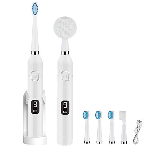 Cepillo de dientes eléctrico AISIR Cepillo de dientes sónico con cepillo de limpieza facial, IPX7, carga inalámbrica, 9 velocidades, 3 modos opcionales, 4 cabezales y 1 limpiador facial (Blanco)