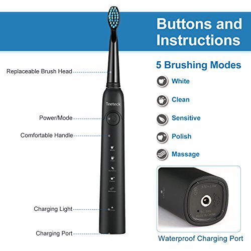 Cepillo de Dientes Eléctrico Teeteck PRO Cepillo de Dientes Electrico Sonicreca Regable de poco Ruido 5 Modo Inteligente Opcional (Cepillo de dientes eléctrico negro)