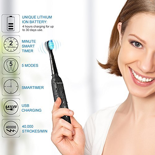 Cepillo de Dientes Eléctrico Teeteck PRO Cepillo de Dientes Electrico Sonicreca Regable de poco Ruido 5 Modo Inteligente Opcional (Cepillo de dientes eléctrico negro)