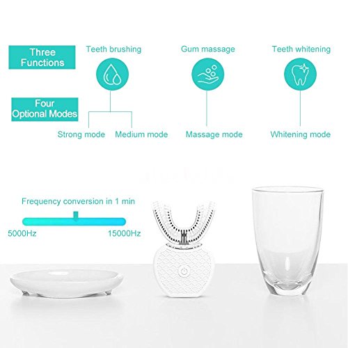 Cepillo de dientes eléctrico tipo U de frecuencia variable y totalmente automático, dientes ultrasónicos de luz fría tipo U de 360 ° para blanquear el cepillo de dientes Limpiador de boca (blanco)