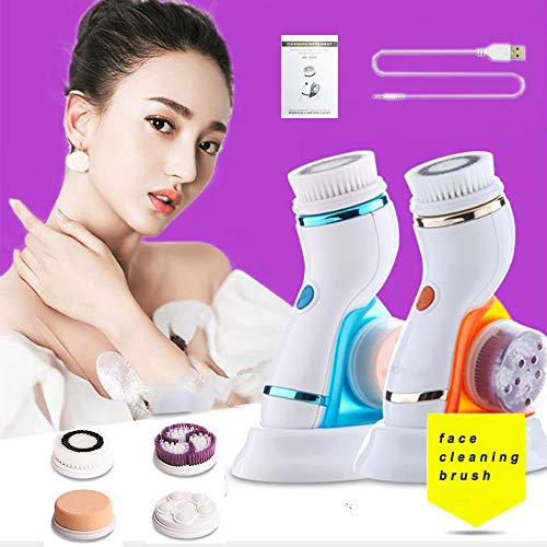 Cepillo de Limpieza Facial 4 en 1 Masajeador Facial Eléctrico Limpiador de Poros Faciales con 4 Cabezas de Cepillo para el Acné, Puntos Negros, Piel Muerta y Maquillaje,Cepillo Facial electrico,Azul