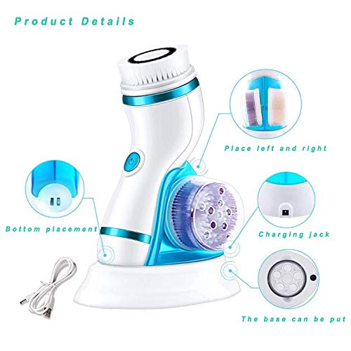 Cepillo de Limpieza Facial 4 en 1 Masajeador Facial Eléctrico Limpiador de Poros Faciales con 4 Cabezas de Cepillo para el Acné, Puntos Negros, Piel Muerta y Maquillaje,Cepillo Facial electrico,Azul