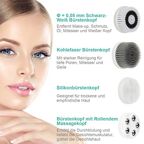 Cepillo facial giratorio eléctrico resistente al agua con 4 cabezales de cepillo, limpieza facial recargable por USB (verde)