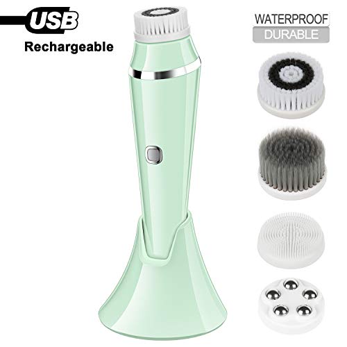 Cepillo facial giratorio eléctrico resistente al agua con 4 cabezales de cepillo, limpieza facial recargable por USB (verde)