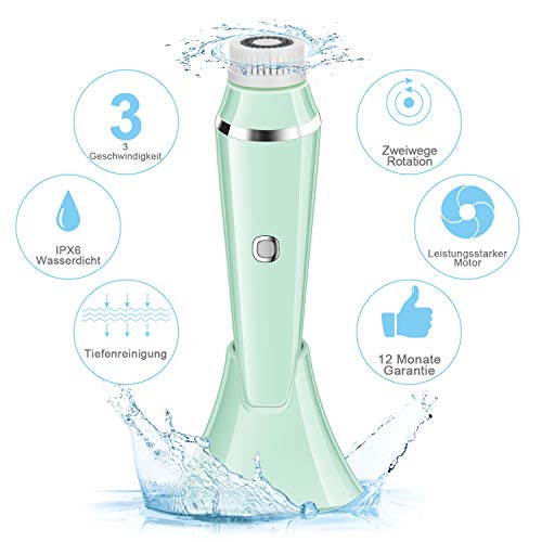 Cepillo facial giratorio eléctrico resistente al agua con 4 cabezales de cepillo, limpieza facial recargable por USB (verde)