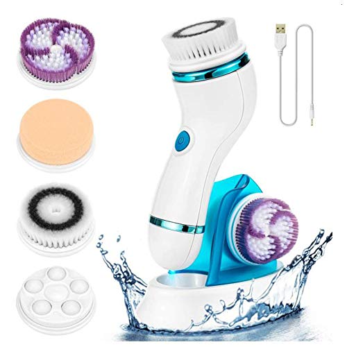 Cepillo Facial Giratorio eléctrico Resistente al Agua con 4 Cabezales de Cepillo, Limpieza Facial Recargable por USB,Cepillo Cara Limpiador Facial Impermeable para Limpieza Profunda,Azul