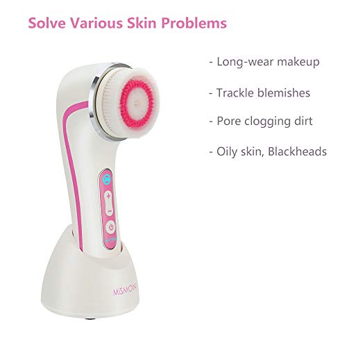 Cepillo facial MiSMON - IPX7 Cepillo de limpieza facial resistente al agua, para limpieza profunda, limpieza suave y eliminación de puntos negros con 3 cabezales.Soporte de carga inalámbrica