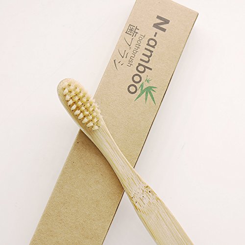 Cepillos de dientes N-amboo de bambú, 5 unidades, respetuosos con el medio ambiente, biodegradables, ecológicos, naturales, para blanquear los dientes, cerdas de nailon suaves, color beige