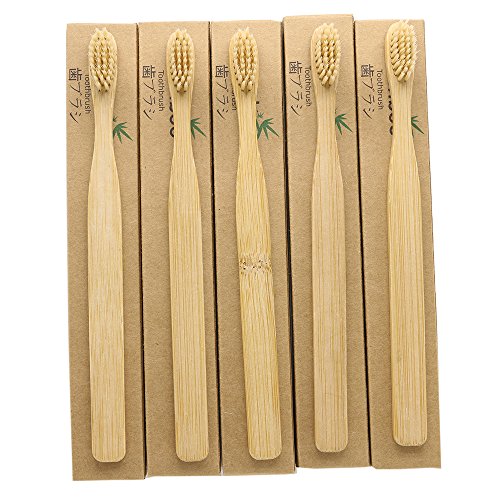 Cepillos de dientes N-amboo de bambú, 5 unidades, respetuosos con el medio ambiente, biodegradables, ecológicos, naturales, para blanquear los dientes, cerdas de nailon suaves, color beige