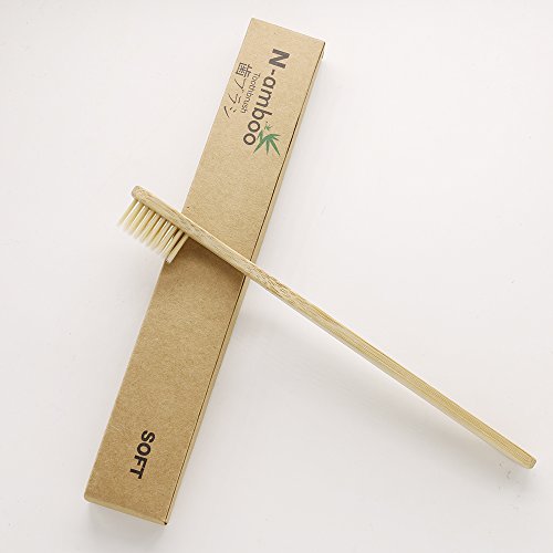 Cepillos de dientes N-amboo de bambú, 5 unidades, respetuosos con el medio ambiente, biodegradables, ecológicos, naturales, para blanquear los dientes, cerdas de nailon suaves, color beige