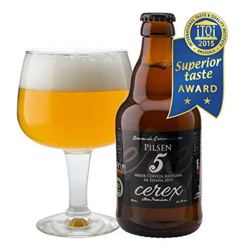 CEREX - Pack Degustación de 4 Cervezas Artesanas Españolas con caja regalo de presentación en madera – Cervezas de Cereza, Castaña, Ibérica de Bellota y Pilsen