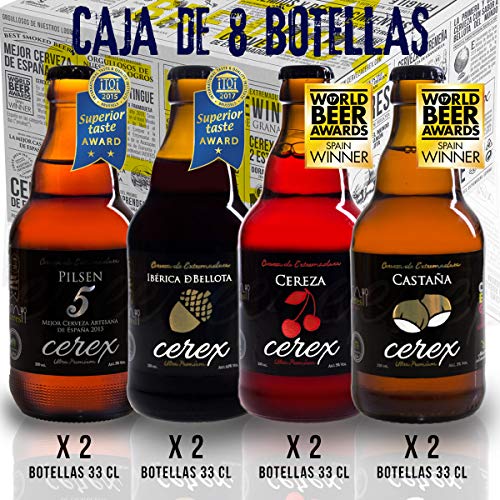 CEREX- Pack Degustación de 8 Cervezas Artesanas - Cerveza de Castaña, Ibérica de Bellota, Cereza y Pilsen