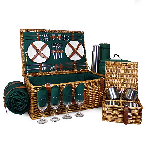 Cesta de picnic de mimbre para 4 personas con accesorios ajustados, ideas para cumpleaños, aniversario de boda, negocios, empresa y agradecimiento