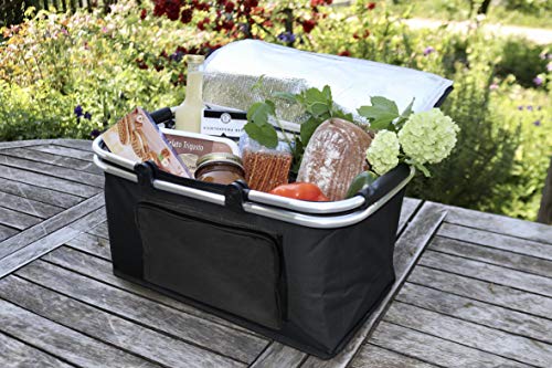 Cesta termica aislada, plegable y resistente porta alimentos con asas de aluminio MY THERMO BASKET TO GO, capacidad 28 litros, para picnic, playa, barbacoa, con pies en la parte inferior color NEGRO