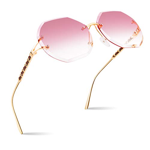 CGID Gafas de sol para mujer Sin montura Gafas de sol para dama sin marco Tonos UV400 Protección Gafas oscuras 100% UV 400 Gafas para conducir Corte Diamante Metal Templo Decoración de cuero
