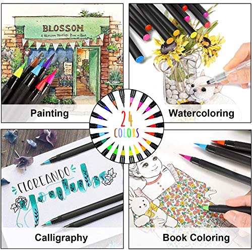 CH HAICHENG Juego de 36 Rotuladores Acuarelables y Journal Plantillas, Incluye 24 Rotuladores Pincel 2 Pincel de Agua 10 Journal Plantillas para Colorear, Diario, Libros para Colorear, Manga