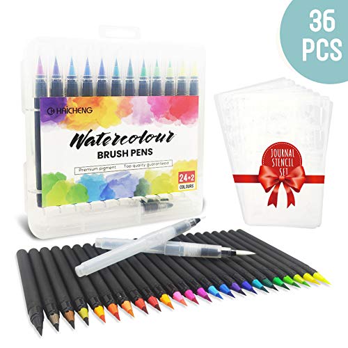 CH HAICHENG Juego de 36 Rotuladores Acuarelables y Journal Plantillas, Incluye 24 Rotuladores Pincel 2 Pincel de Agua 10 Journal Plantillas para Colorear, Diario, Libros para Colorear, Manga