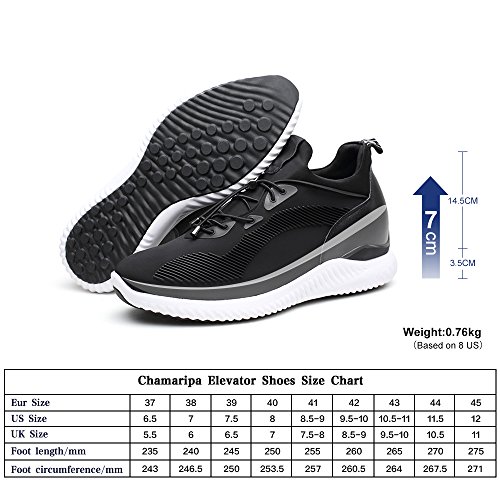 CHAMARIPA Ascensor Zapatillas Deportes Casual Zapatos Ligeros con Talón de Elevación Ocultos Para Hombre Negro Azul Gris -2,76 Pulgadas Taller-H71C62V012D (43, Negro)