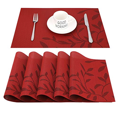 CHAOCHI Manteles Individuales Lavables Salvamantele Individuales PVC Antideslizantes Resistente al Calor Juego de 6 para la Mesa de Comedor de Cocina,Rojo