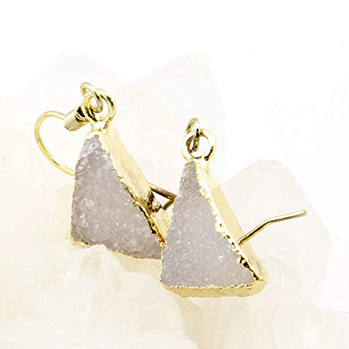 Chapado en oro real, cristal blanco natural geoda Drusy triángulo de cuarzo pendientes colgantes de gotas de borde, forma de triángulo irregular
