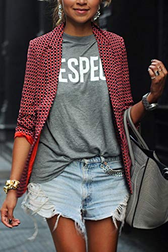 Chaqueta De Mujer A La Moda A Cuadros Solapa Manga Larga Delgada Capa Ligera Rojo L