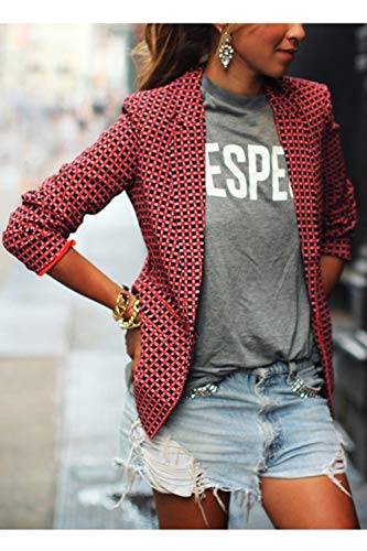 Chaqueta De Mujer A La Moda A Cuadros Solapa Manga Larga Delgada Capa Ligera Rojo L