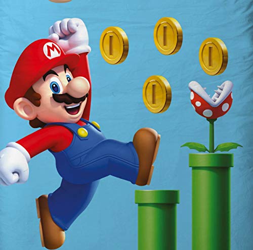 Character World Super Mario - Juego de ropa de cama reversible (135 x 200 cm, 80 x 80 cm, 100% algodón, juegos), algodón, azul, 135 x 200 cm