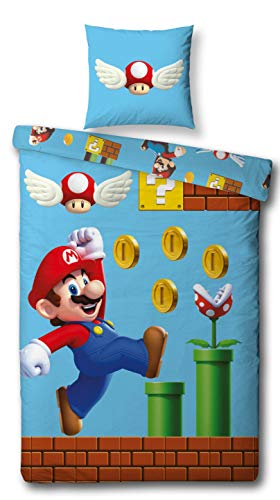 Character World Super Mario - Juego de ropa de cama reversible (135 x 200 cm, 80 x 80 cm, 100% algodón, juegos), algodón, azul, 135 x 200 cm