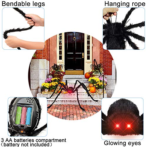 Charlemain 125 cm Araña Grande Halloween con Ojos iluminados y Sonido + 365cm Telaraña + Telaraña Estirable + 20 Arañas pequeñas, Decoracion de Halloween Terror para Exterior Jardin Fiesta