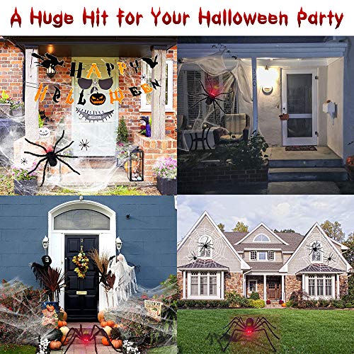 Charlemain 125 cm Araña Grande Halloween con Ojos iluminados y Sonido + 365cm Telaraña + Telaraña Estirable + 20 Arañas pequeñas, Decoracion de Halloween Terror para Exterior Jardin Fiesta