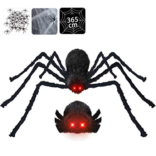 Charlemain 125 cm Araña Grande Halloween con Ojos iluminados y Sonido + 365cm Telaraña + Telaraña Estirable + 20 Arañas pequeñas, Decoracion de Halloween Terror para Exterior Jardin Fiesta