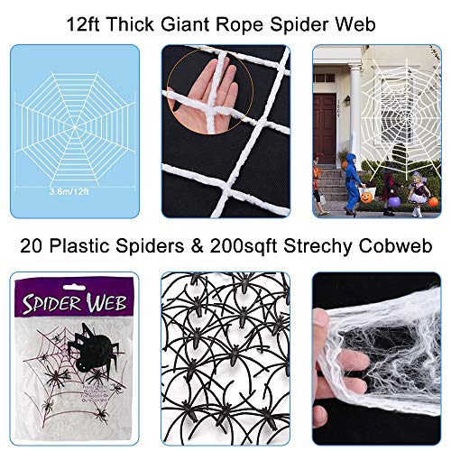 Charlemain 125 cm Araña Grande Halloween con Ojos iluminados y Sonido + 365cm Telaraña + Telaraña Estirable + 20 Arañas pequeñas, Decoracion de Halloween Terror para Exterior Jardin Fiesta