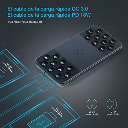 Charmast Batería Externa Qi Inalámbrico 10000mAh,Powerbank Wireless Quick Charger con Ventosa Cargador rápido portátil USB A QC 3.0 USB C Micro Doble Entradas 3 Salidas para iPhone Samsung Smartphone