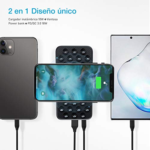 Charmast Batería Externa Qi Inalámbrico 10000mAh,Powerbank Wireless Quick Charger con Ventosa Cargador rápido portátil USB A QC 3.0 USB C Micro Doble Entradas 3 Salidas para iPhone Samsung Smartphone