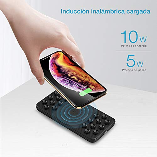 Charmast Batería Externa Qi Inalámbrico 10000mAh,Powerbank Wireless Quick Charger con Ventosa Cargador rápido portátil USB A QC 3.0 USB C Micro Doble Entradas 3 Salidas para iPhone Samsung Smartphone